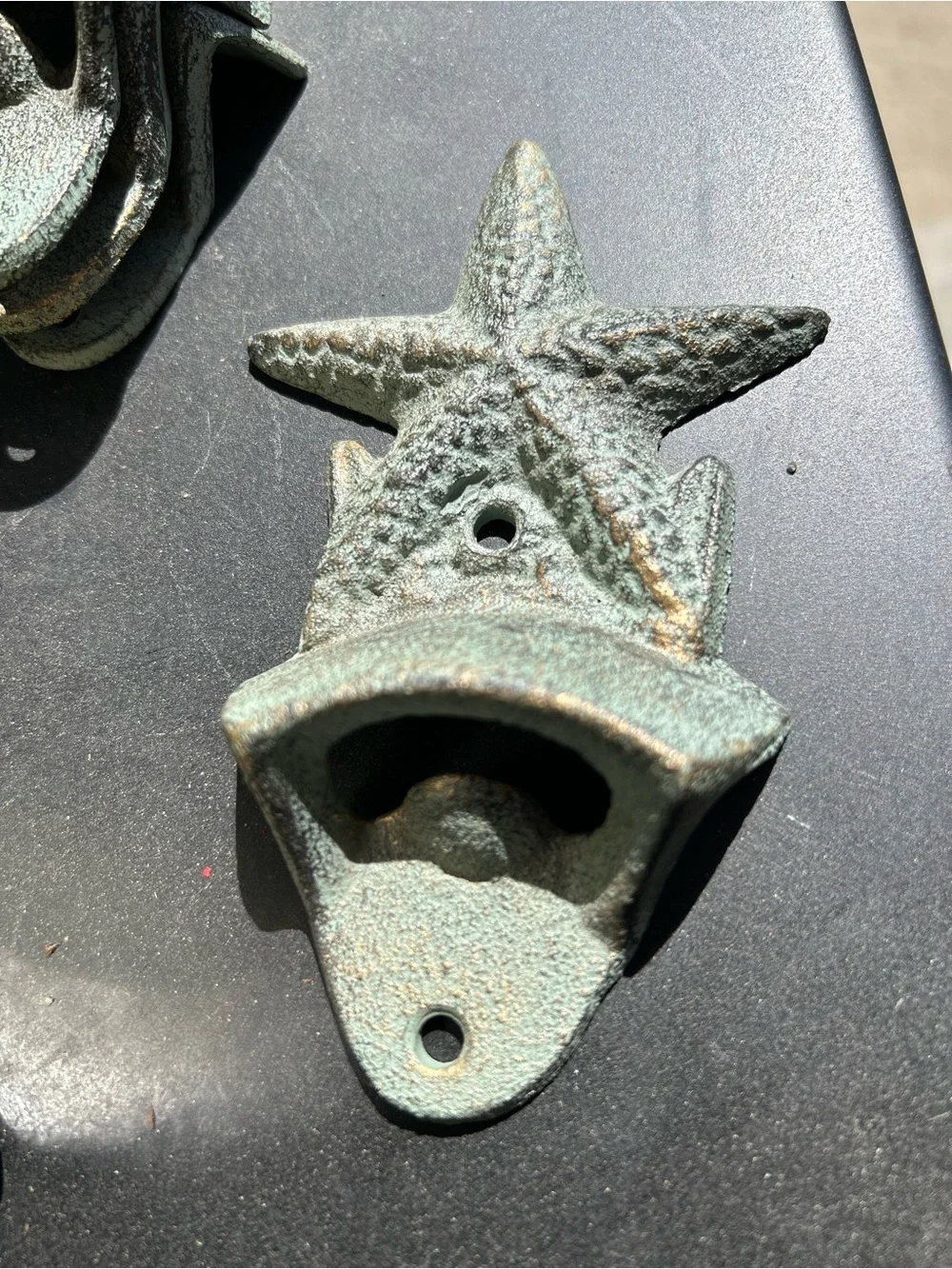 VTG Cast Iron Rustic Starfish Wall-Mount Bottle Opener - Green Patina-1 Starfish